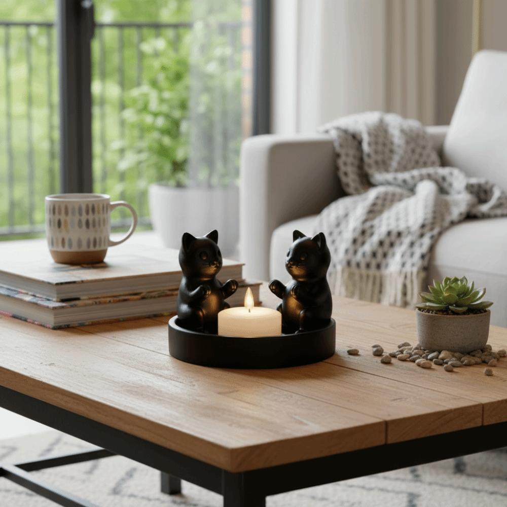 Espace Méditation Chat de Dessin Animé Porte-Bougies Forme Anneau Mignon Bougeoir Imprimé 3D Ornement Chaton Noir Décoratif Bureau