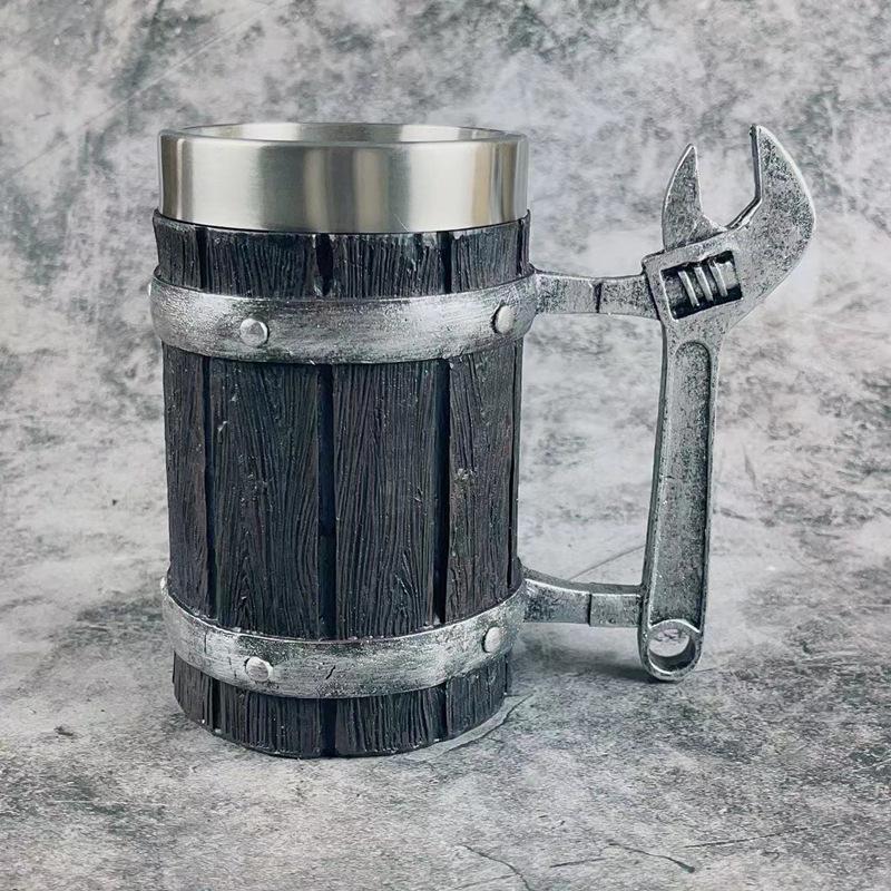 Handcrafted Wooden-Style Barrel Beer Mug with Stainless Steel Lining – Large Capacity