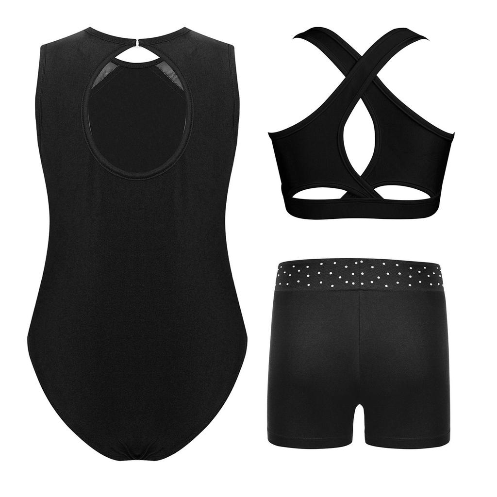 3 stk Jentegymnastikksett - Ermeløs drak med nøkkhullsrygg, kryssvest og rhinestoneshorts for dans/opptreden