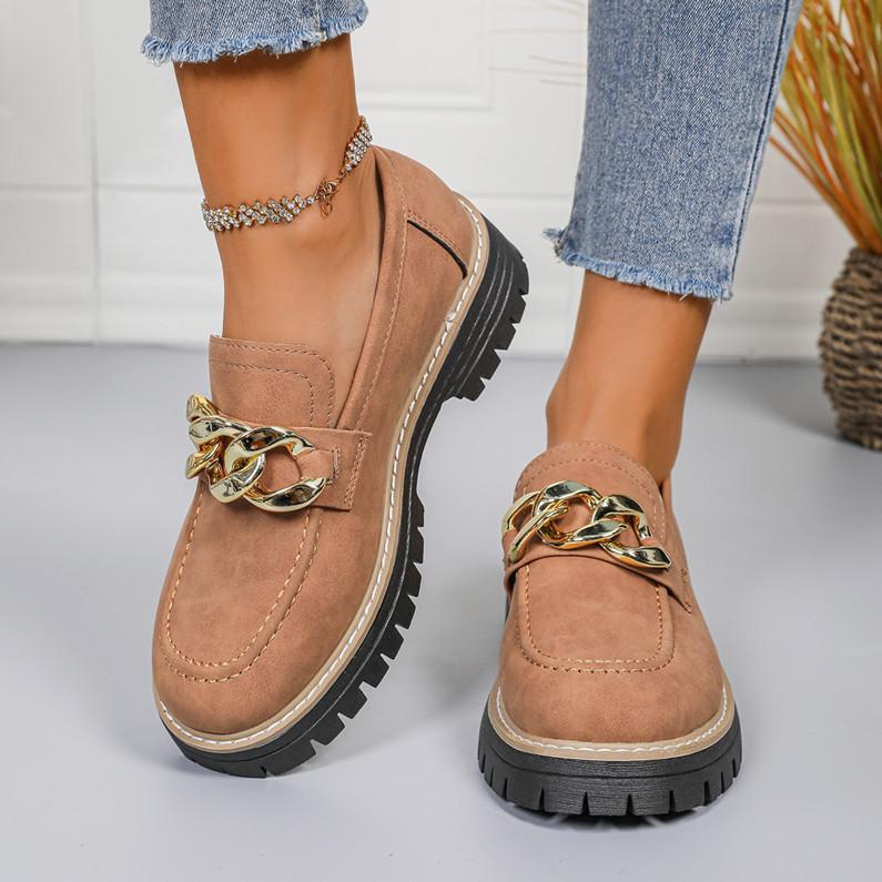 European and American Style Large Size Round Head Thick Sole Metal Chain Low-top Single Shoes Women's Thick Heel Thick Sole Foot Cover Lazy Loafers