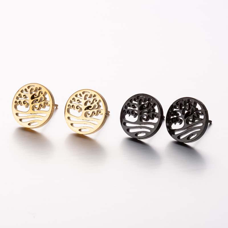 Korean Style Geometric Tree of Life Round Earrings In Stainless Steel for Women - Christmas Tree Cartilage Studs