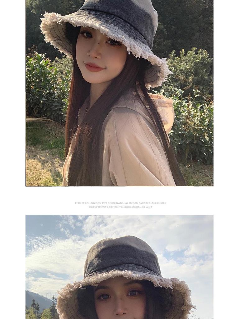 Japanese Retro Women's Denim Fisherman Bucket Hat, Distressed Sunshade for Larger Head, Face Slimming Sun Protection.