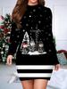 2025 Podzim a Zima Nové Dámské Šaty obepínající boky, 3D Vánoční Tisk a Barvení Dámská Móda Dlouhý Rukáv Kulatý Výstřih Sexy Šaty obepínající boky