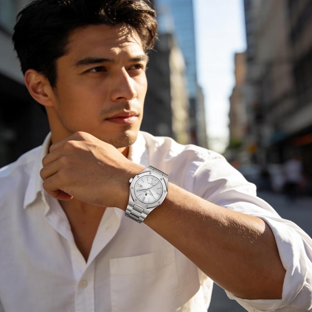 SAPPHERO Men's Chronograph Watch Stainless Steel 50M Waterproof Analog Date Display Silver White