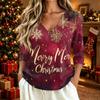 Women's Casual Christmas Print V-Neck Three-Quarter Sleeve T-Shirt Top