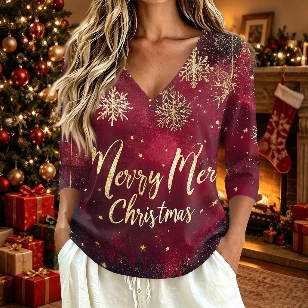 Women's Casual Christmas Print V-Neck Three-Quarter Sleeve T-Shirt Top
