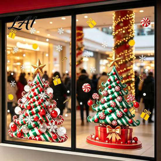 Weatherproof Balcony Stickers Christmas Tree Window Decals Candy Striped Snowflake Wall Stickers Waterproof Festive Home Decor PVC Removable