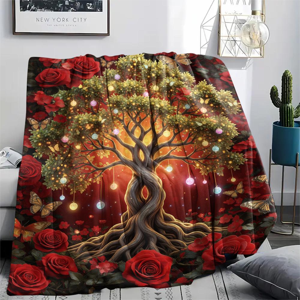1PC Tree of Life Print Flannel Blanket, High quality All Seasons, Home Decor, Warmth and Comfort, Perfect for Christmas Gifts