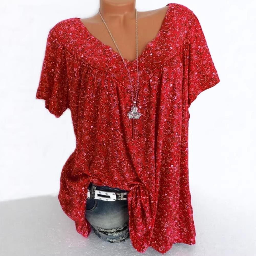 Women's V Neck Short Sleeve Tunic Top Loose Fit Casual Ditsy Floral Print Plus Size Summer Daily Blouse