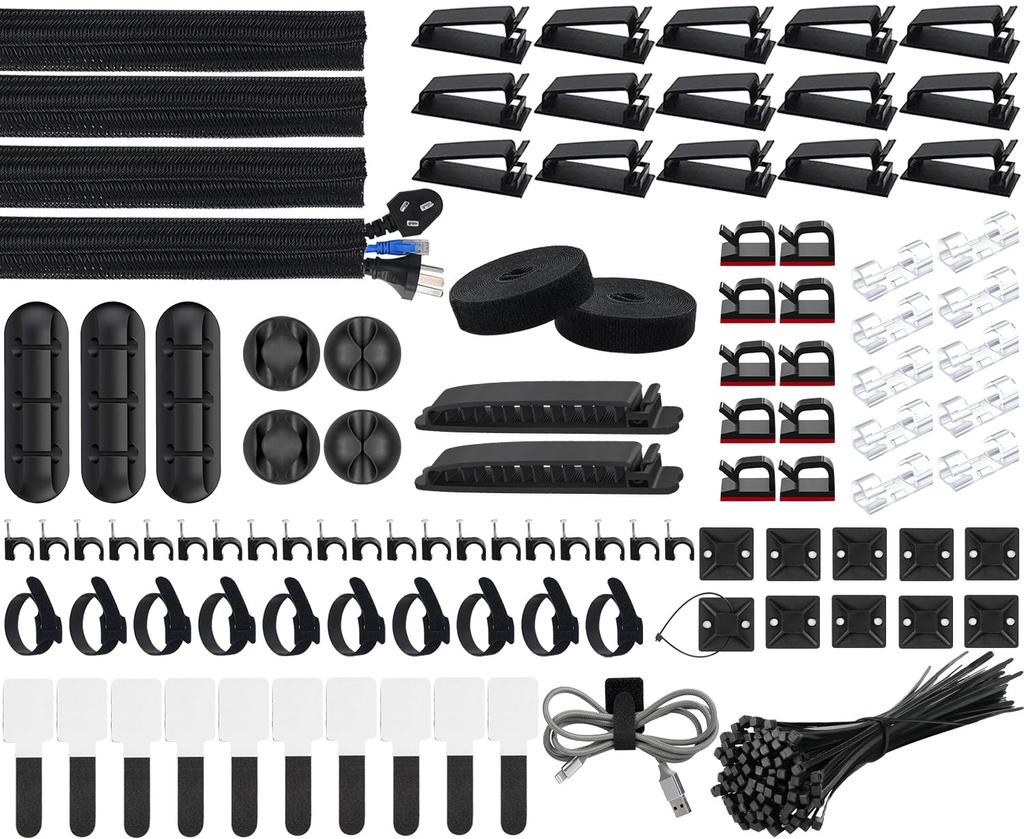 SOULWIT 200PCS Cable Management Kit: 4 Cable Sleeves, 7 Cable Holders, 37 Cable Clips, 20 Nail Cable Clips, 20+2 Magic Cable Ties, 10 Velcro Cable Tie