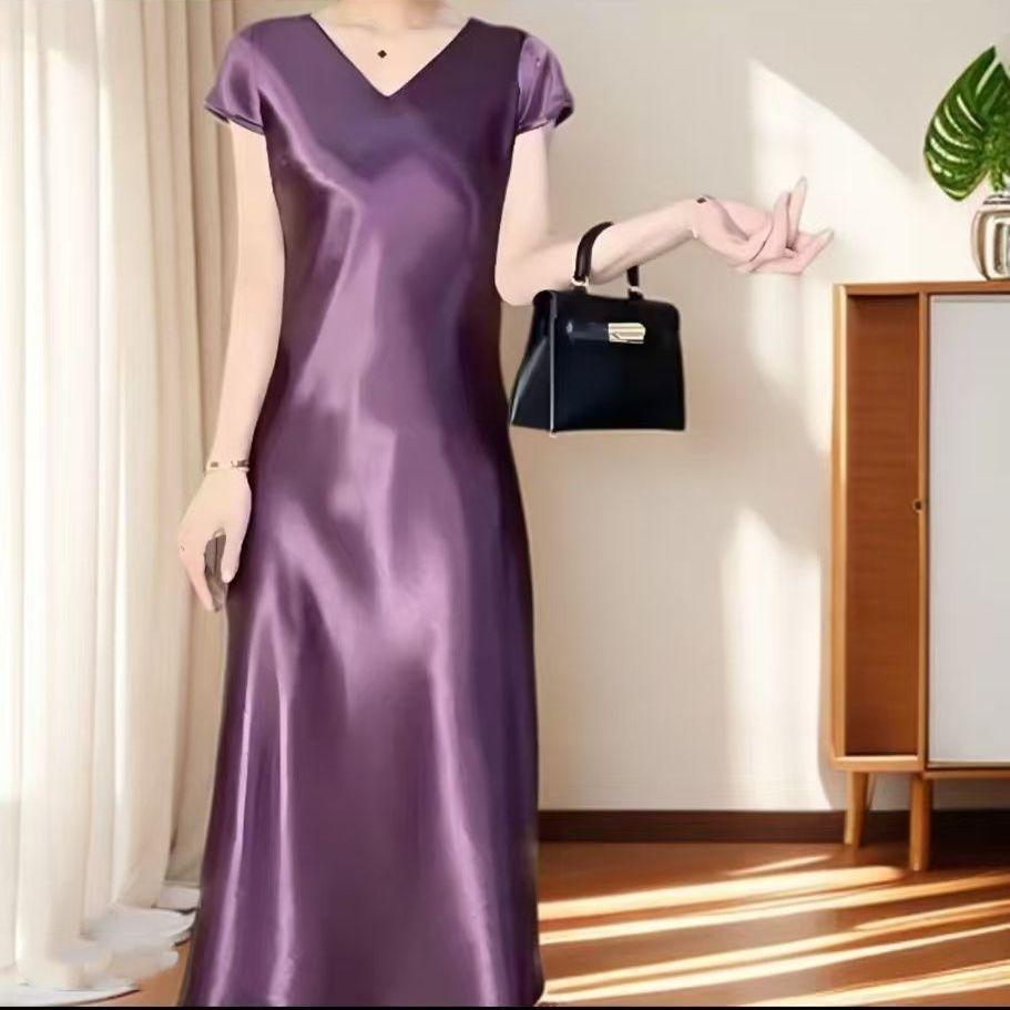 

Элегантное атласное платье-русалка с коротким рукавом, стройнящее, летнее, во французском стиле, высококачественное, длинное платье 4XL фиолетовый