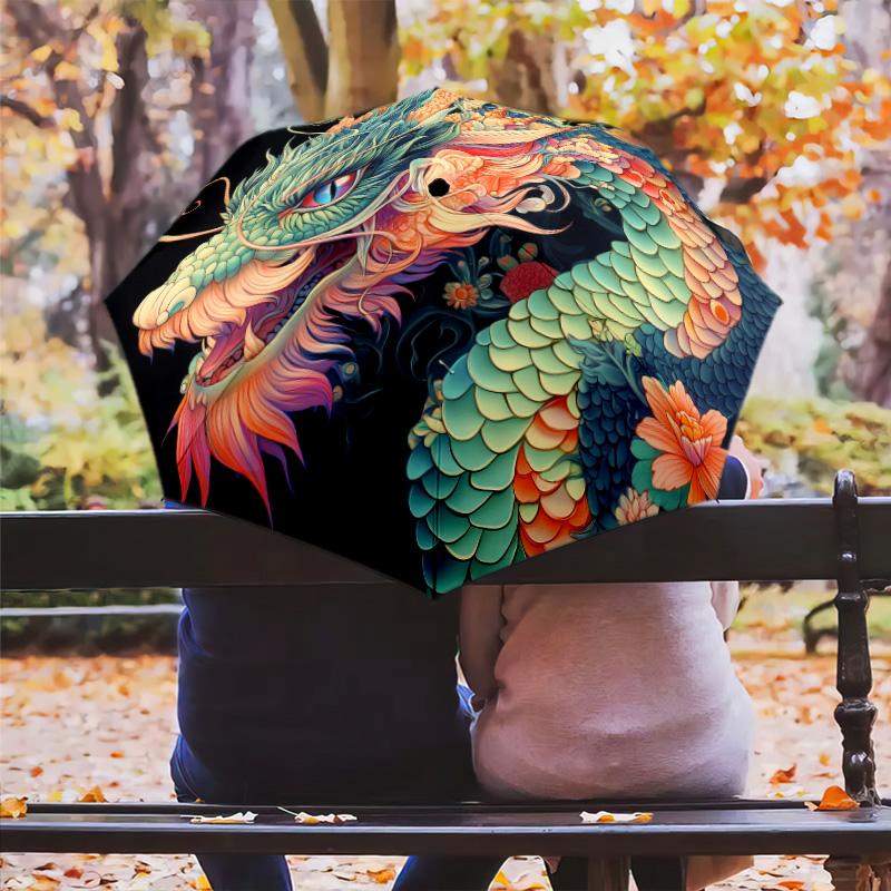 Dragon with Colorful Wings pattern, automatic folding umbrella, portable and foldable design, 8 ribs, a Christmas or birthday gift.