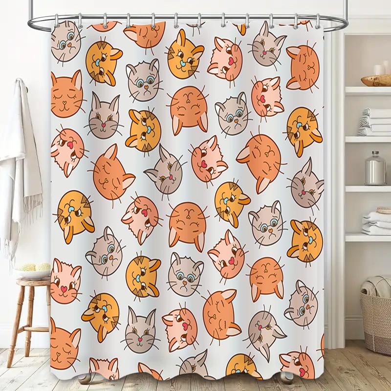 Adorable Cartoon Cat Shower Curtain White Bath Decor with Multicolored Cats for Bathroom Cute Home Decoration Accessories Perfec
