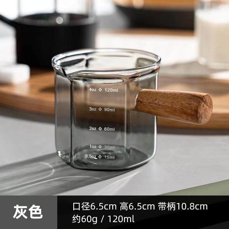 

120ml Hexagon Wood Handle Glass Espresso Measuring Cup Milk Latte Jug Coffee Supplies Kitchen Mug Drinkware Double Bottom 120ml