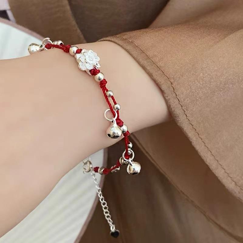 

1Pcs Ethnic Trendy Hand Accessories Pulseras Chinese Style Woven Bracelets Red Rope Bell Lotus Flower Bracelets For Women one size