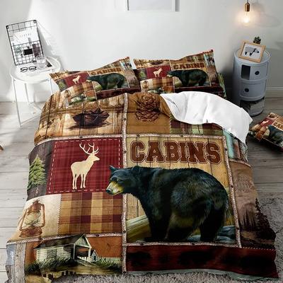 Conjunto de Capa de Edredom de VeadoAnimais da Floresta Alce Alce Urso Vida Selvagem Caça Cabana Rústica Conjunto de Roupa de Cama Capa de Colcha Rústica de Fazenda