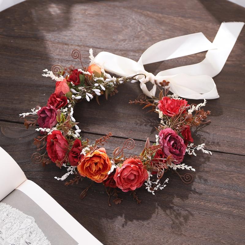 

20 см Плетеный вручную Сладкий ветер Цветы Танцевальное выступление Взрослые Дети Носят Гирлянды Солома Невеста Девушка Головной убор Аксессуары 20cm бордовый