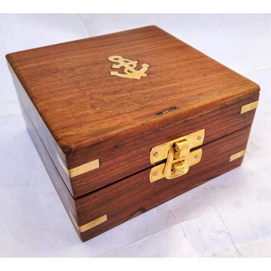 India Antique Brass Brunton compass Square With Wood box nautical gift Compass  (Black, Brown)