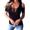 Women Off Shoulder Lace Up Short Sleeve Slim Fit T Shirt Casual Solid Basic Top for Everyday Wear Without Color Description