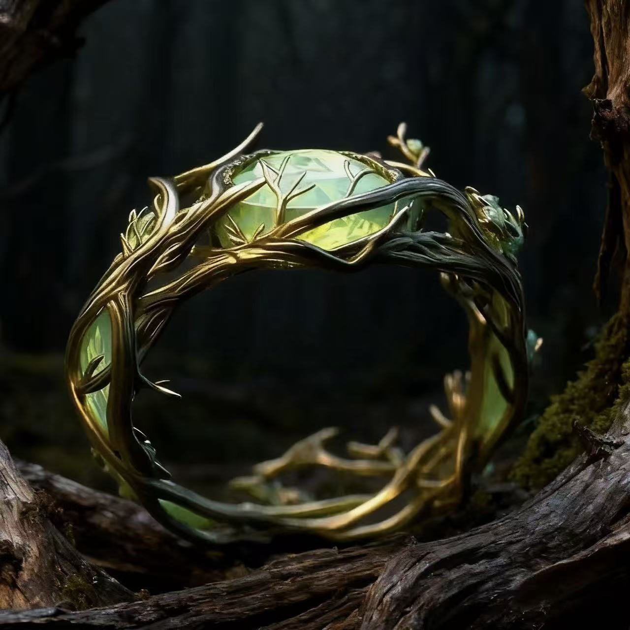 

Винтажное кольцо ручной работы с овальным нефритом и малахитовыми ветвями и лозой, мужское No. 10 золотой