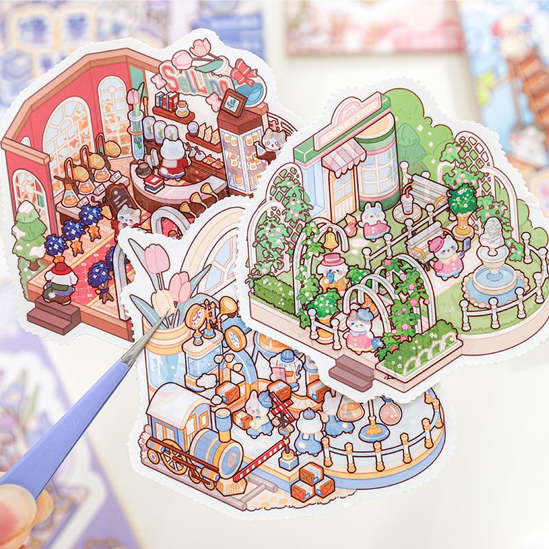 24sheets/bag 8in1 Cartoon Landscape Sticker Book DIY Scrapbook 3D Pocket Cabin Scene Stickers Gift For Kid Child