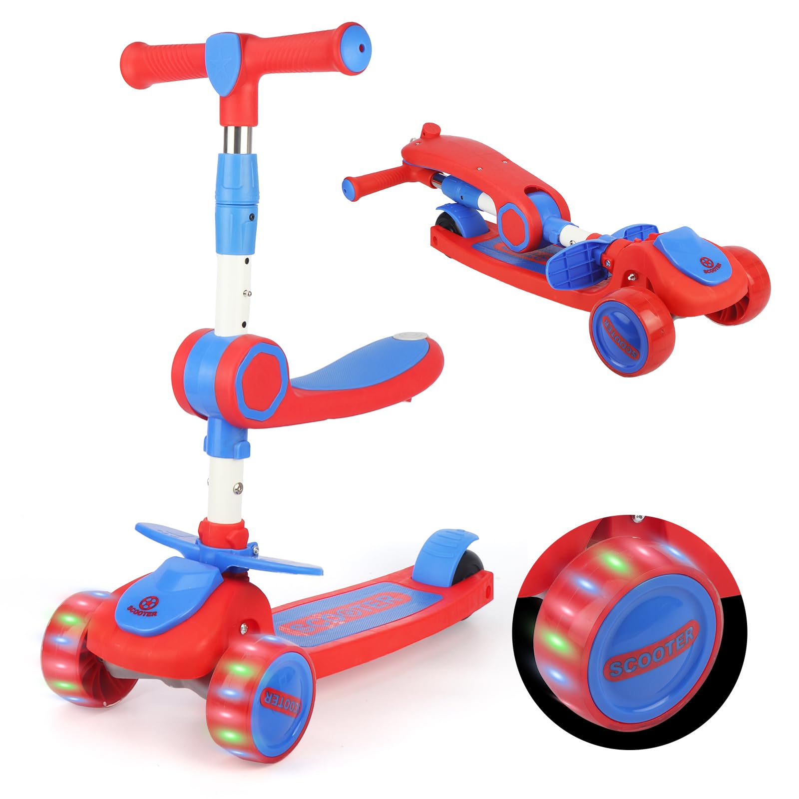 

LittleSo Кикборд для 3 детей, регулируемый по высоте, со светодиодной подсветкой, возраст, грузоподъемность, подарок на день рождения для детей младшего школьного возраста, колеса, самокат, 2-сторонний, 4 уровня