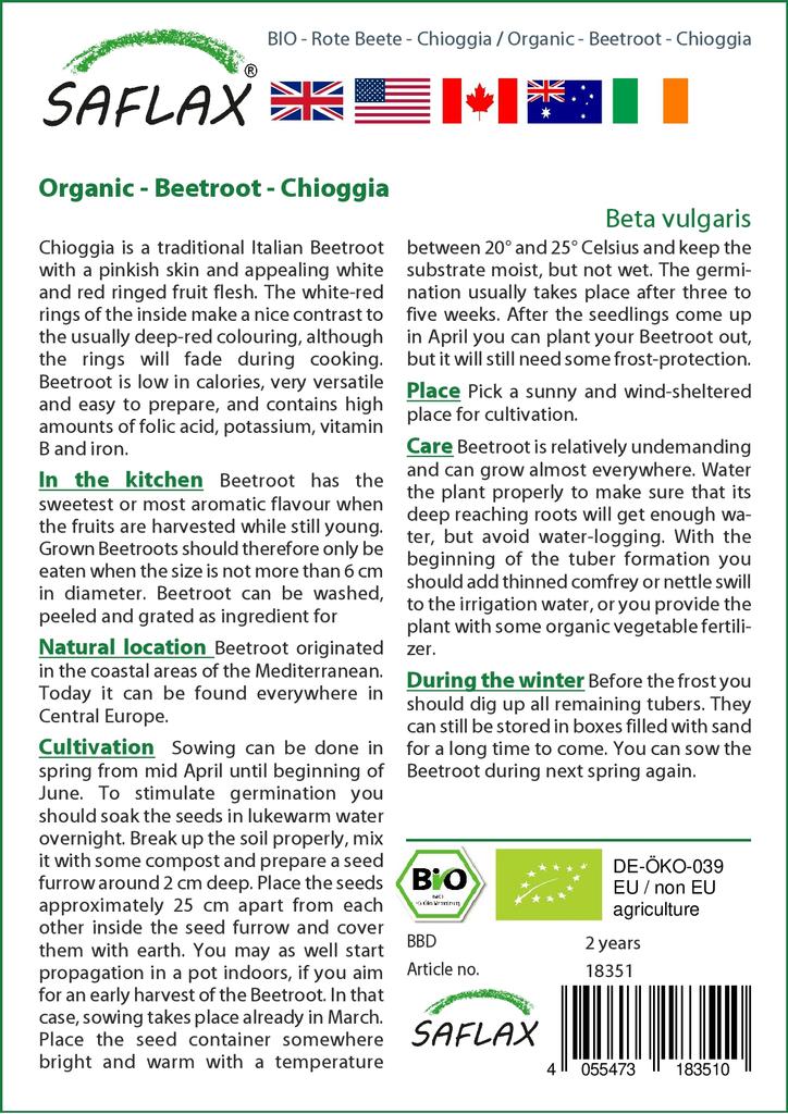 SAFLAX Garden In the Bag - Organic - Beetroot - Chioggia - 70 Seeds - With Substrate In a Fitting Stand Up Bag - Beta Vulgaris