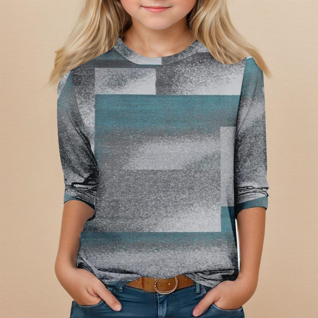 Children's 3/4 Sleeve Tops Casual  Print T Shirt Round Neck Pullover Blouse