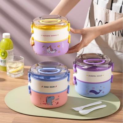 Cartoon Double-Layer Plastic Bento Lunch Box, Microwaveable & Food-Grade, for Students & Commuters