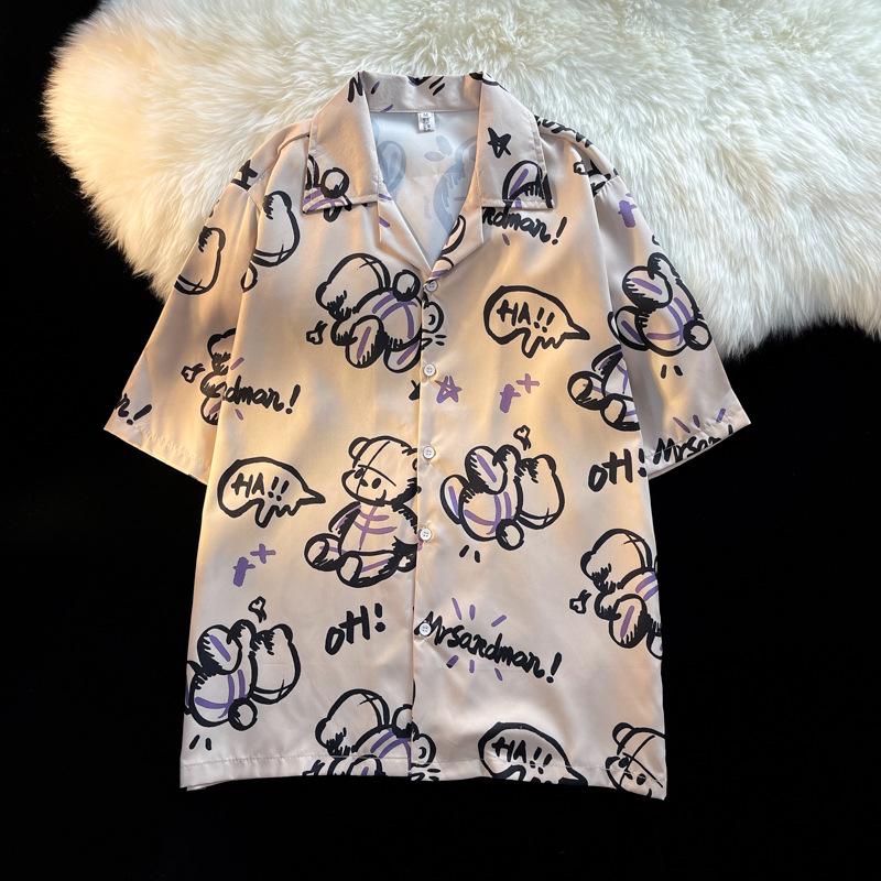 Unisex Vintage Kubakrage Blomsterskjorte - Løs passform, Hong Kong-stil, Kort erm, Perfekt for strand og par