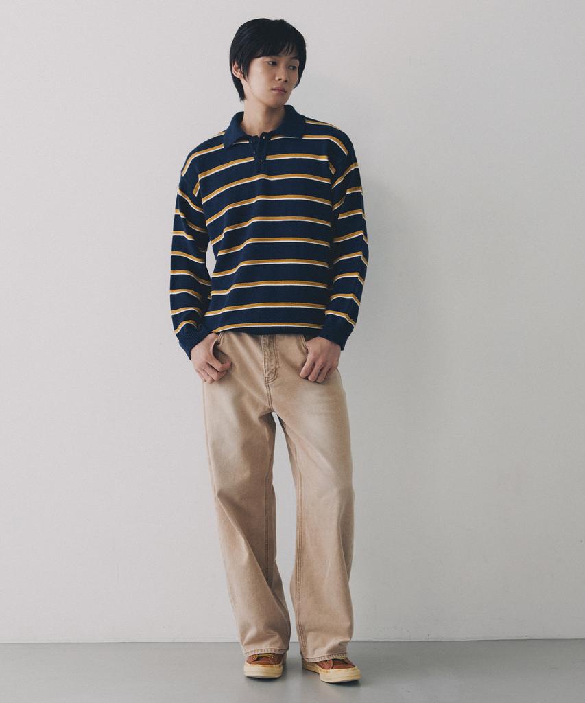 NODU Multi-Color Block Collared Stripe Knit T-Shirt [Navy]