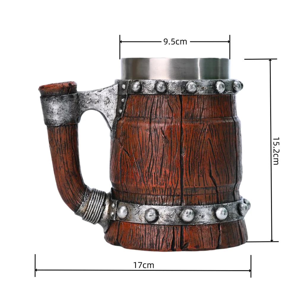 New Viking Imitation Wood Resin Beer Mug Retro Handmade Large-capacity Stainless Steel Liner Wine Glass Beer Jugs Bar Drinkware