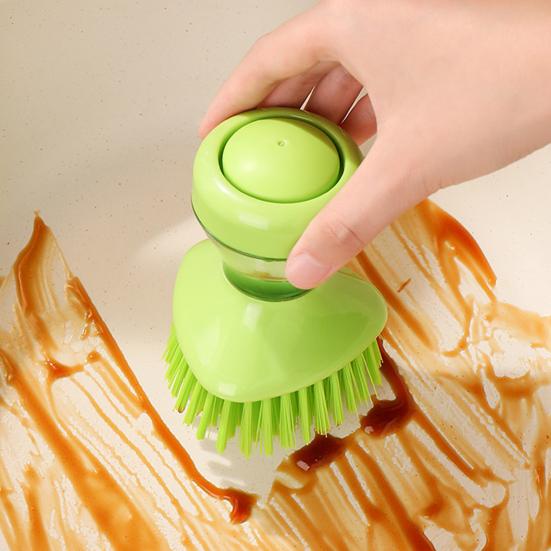Cleaning Brush with Refillable Liquid Dispenser Soft Nylon Bristles Non-Stick Oil Removal Kitchen Brush Hand Protection Cleaning Brush