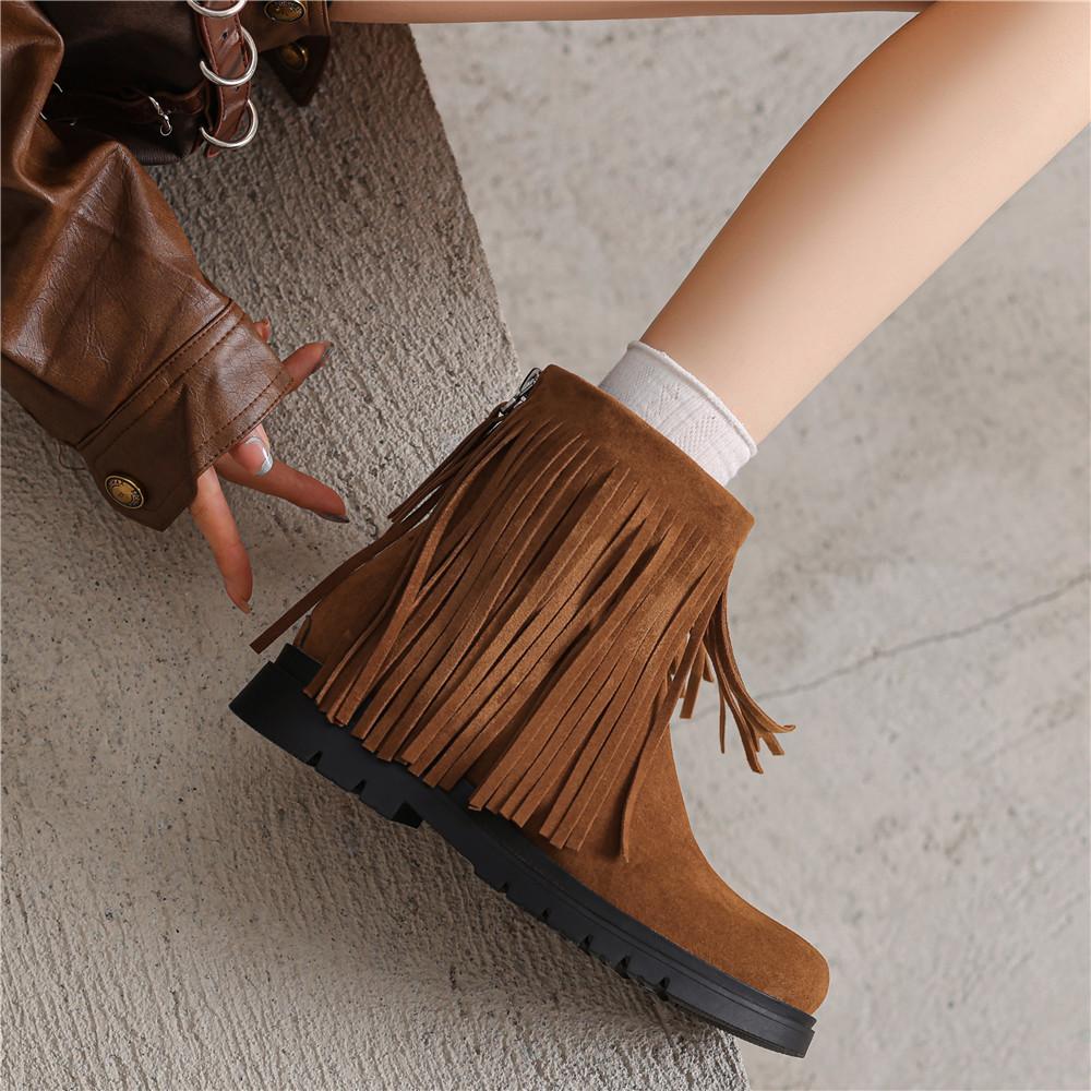 Fashion Ladies Casual Vintage Solid Color Fringe Booties Comfortable Platform Mid Cylinder Round Head Zip Ankle Boots Women Black Brown