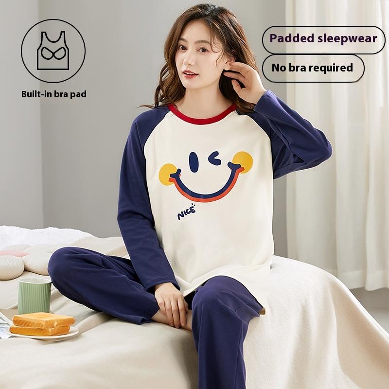 Spring autumn letter Print Pajamas Set with Chest Pad for Women thin cotton Long Sleeve Tops and Pants Sleepwear Female Homewear