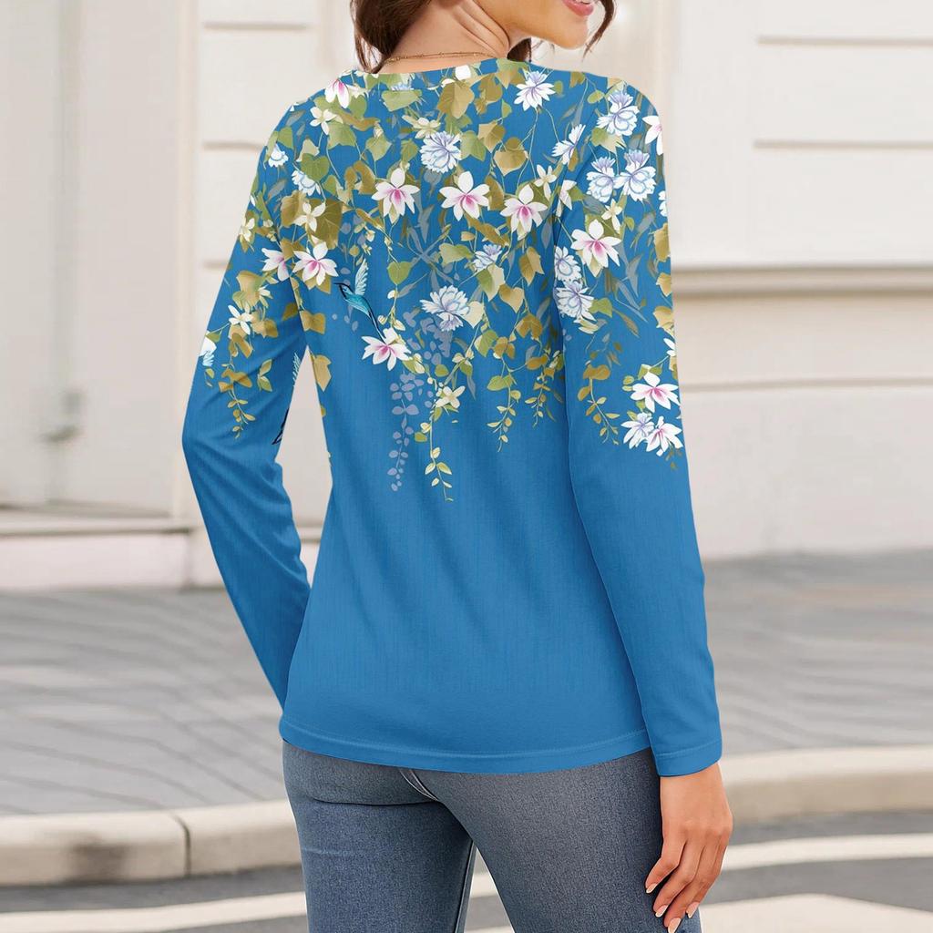 Dames casual T-shirt met split aan de zoom, ronde hals, lange mouwen en losse print.