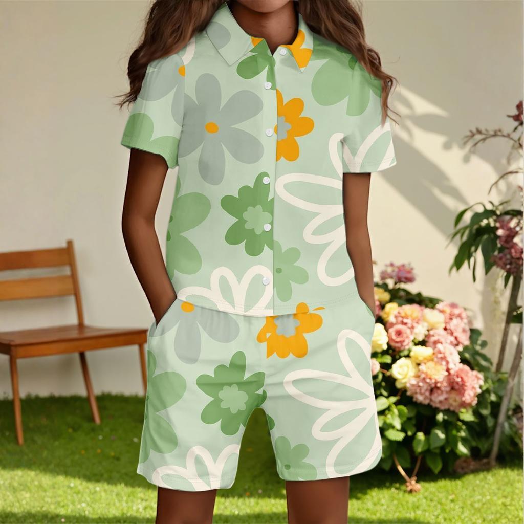 Children's Casual Fashion Shirt Button Top Shorts Set