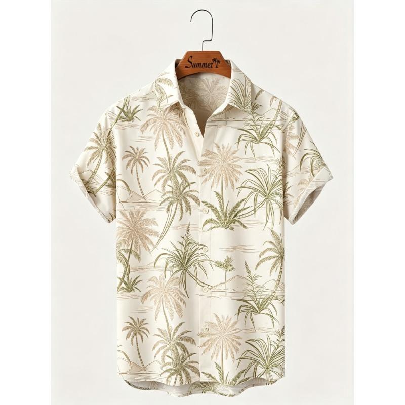 Men's Hawaiian Style Island Coconut Tree Short Sleeved Shirt with Full Print Collar Buttons, Beach Vacation Shirt