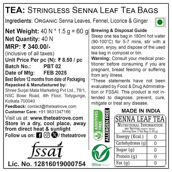 The Tea Trove Senna Leaf Tea Bags for Constipation Relief - 40 Laxatives Tea Bags for Constipation Blend of Senna Leaves with Fennel  | 60 Gm