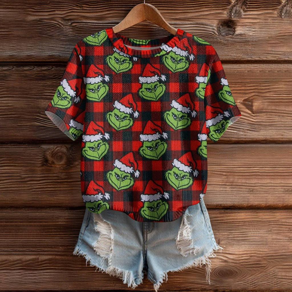 Women's Cute Sweater Knitted Fashion Casual Round-neck Short-sleeved  Cozy Print Top