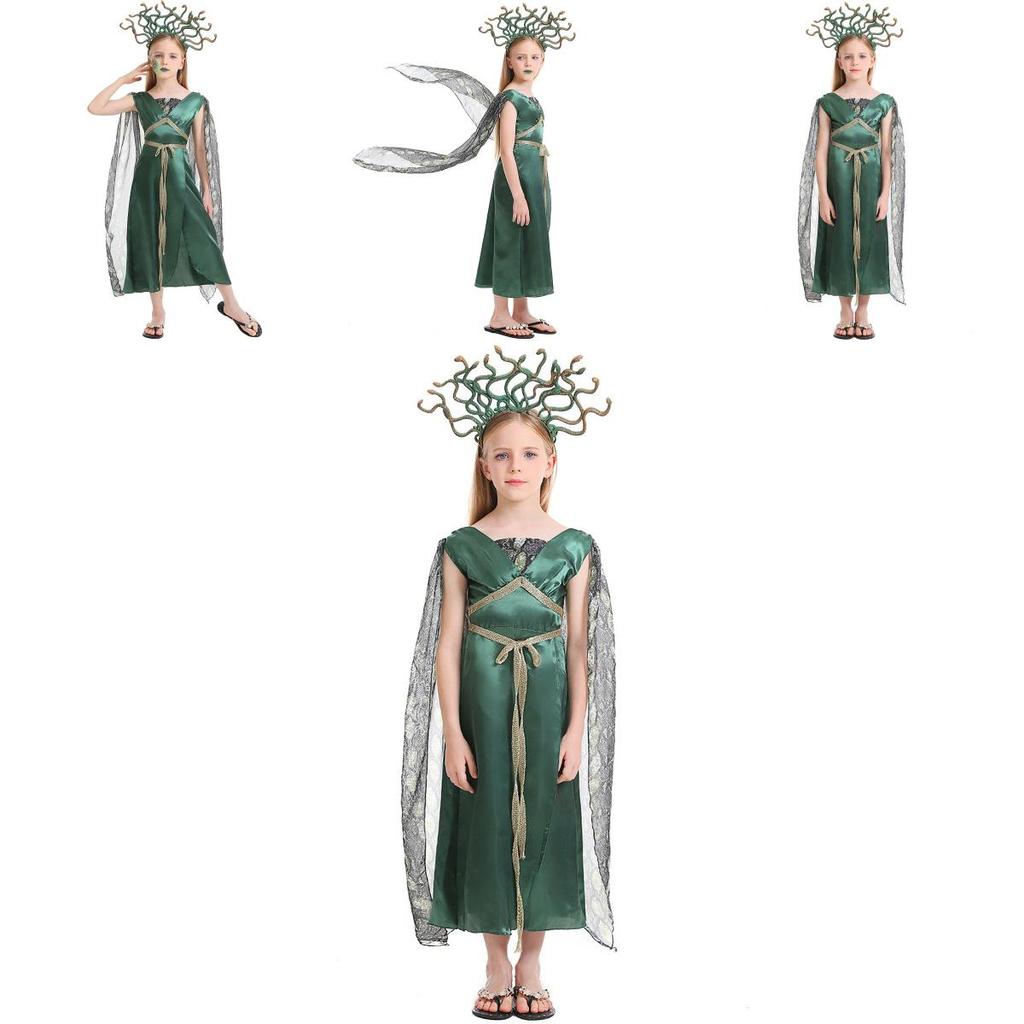 Fantasia de Halloween Encantadora de Medusa para Meninas com Saia Verde e Adereço de Cabeça