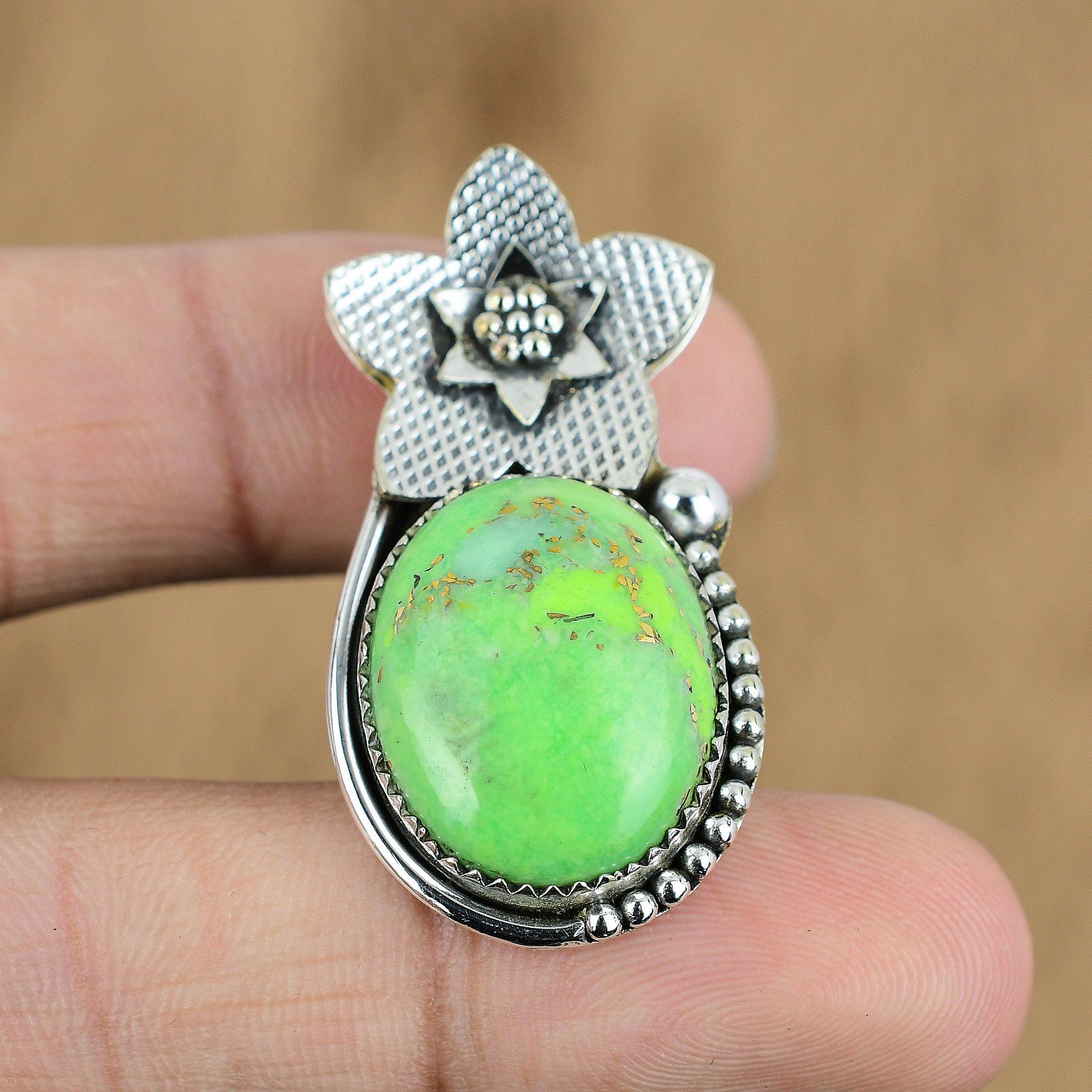 

Natural Copper Green Turquoise Gemstone 925 Silver Pendant Flower For Women