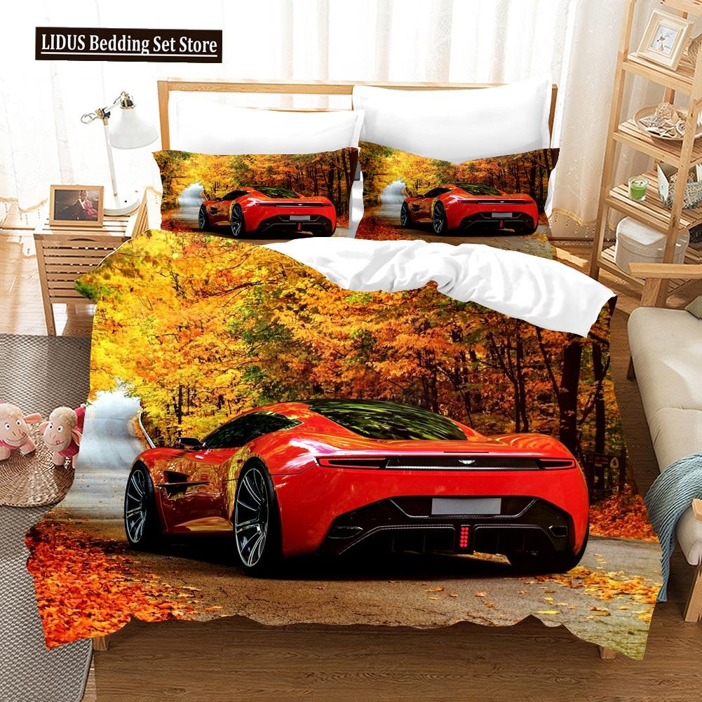 Speed Sports Car Duvet Cover Set Full Queen Size Red Cool Racing Car Bedding Sets Speed Automobile Extreme Sport Quilt Cover Set