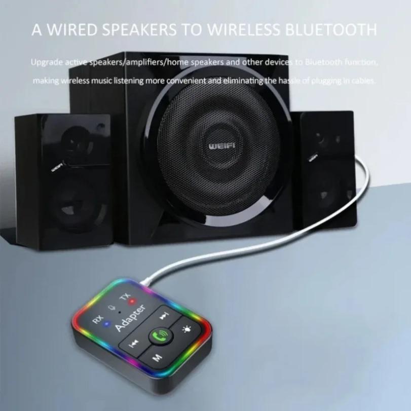 Car 2 in 1 Wireless Bluetooth 5.3 Transmitter or Receiver RGB Light Hand Free With Mic 3.5mm AUX Jack Audio Adapter MP3 Player