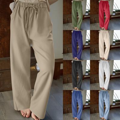 Pantaloni lunghi dritti da donna casual in cotone e lino con coulisse in vita elastica