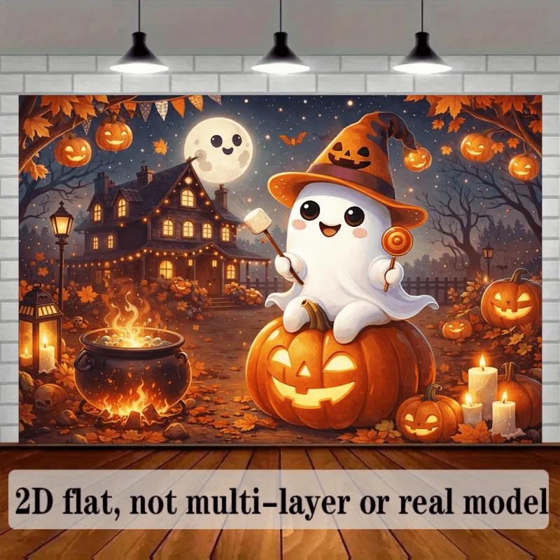 2D Flat Banner - Black Bat Theme Halloween Background Fabric with two white ghosts in the center of the picture.PMJ
