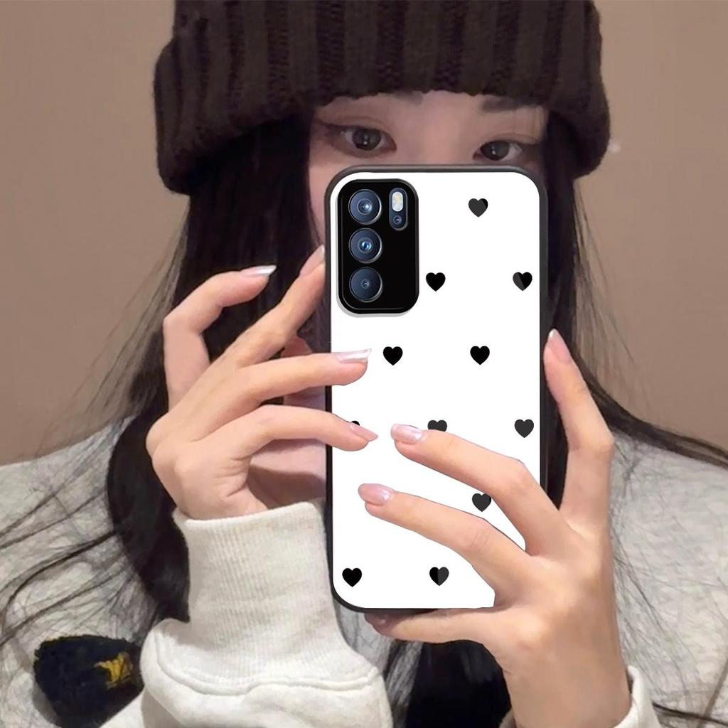 Black Heart Pattern Phone Case for OPPO Reno6 5G Acrylic Back TPU Bumper Shockproof Protective Cover, Minimalist Korean Style
