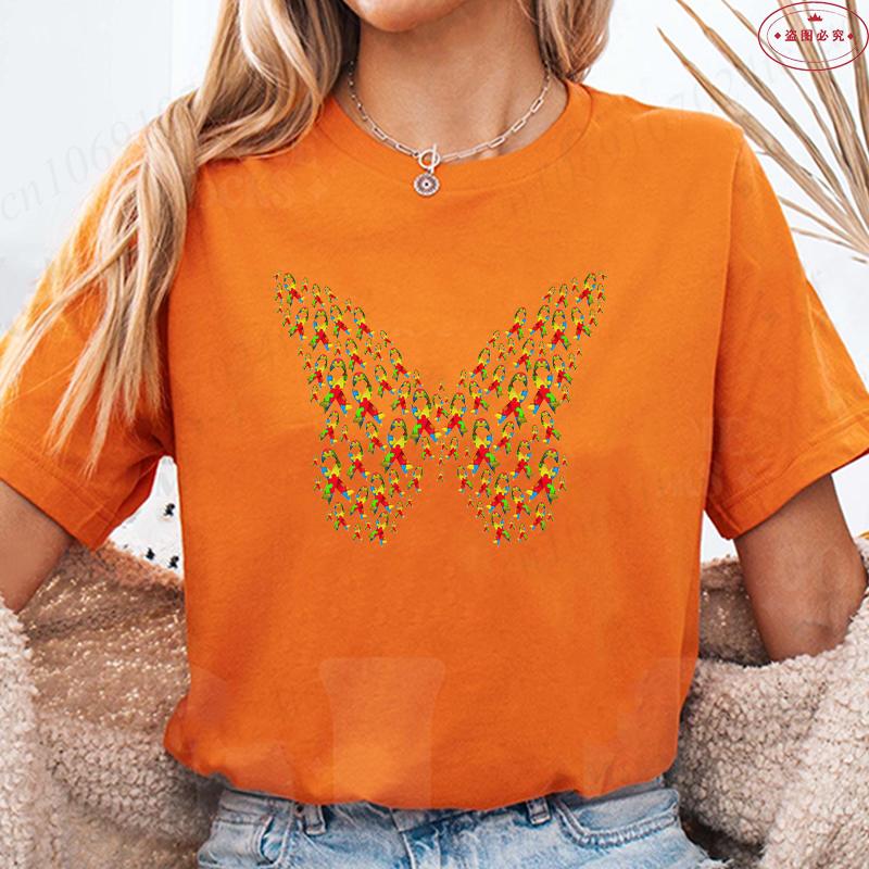 Fashion Butterfly Puzzle Piece T-shirt for Women Graphic Tees Shirt Aesthetic Clothing Summer Autism Awareness Month Y2k Tops