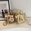Weave Lace Bow Handbag Dacron Square Shape Straw Weave Bag Small Bucket Tote Bag