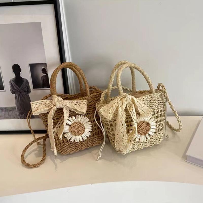 Weave Lace Bow Handbag Dacron Square Shape Straw Weave Bag Small Bucket Tote Bag